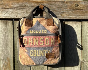 Meeker Johnson County Seed Corn - Mini Backpack/Shoulder Bag/Mini Tote - Vintage Seed Sack Canvas & Leather Bag Selina Vaughan Studios