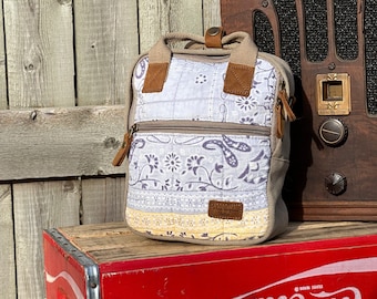 Vintage Quilt - Mini Backpack/Shoulder Bag/Mini Tote - Vintage Seed Sack Canvas & Leather Bag Selina Vaughan Studios