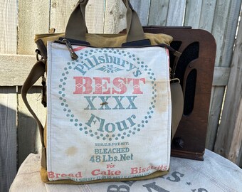 Pillsbury BEST Flour - Americana Vintage Seed Feed Sack Book Tote - OOAK Canvas & Leather Tote... Selina Vaughan Studios