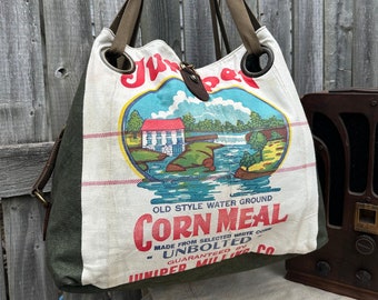 RARE! Juniper Corn Meal Mill - Open Tote - Americana OOAK Canvas & Leather Tote W... Selina Vaughan Studios