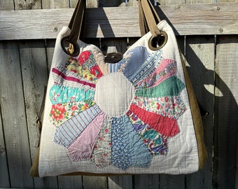 CLEAN! Vintage Quilt Open Tote - Americana OOAK Canvas & Leather Tote W... Selina Vaughan Studios