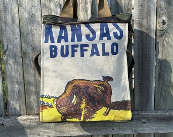 Kansas Buffalo Alfalfa - Americana Vintage  Book Tote W- OOAK Canvas & Leather Tote... Selina Vaughan Studios