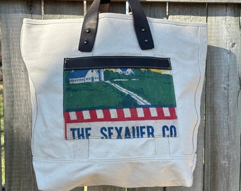 SALE The Sexauer Co - SD- Large Tote/Crossbody/Backpack- Americana Vintage Seed Feed Sack  - OOAK Canvas & Leather Bag... Selina Vaughan-