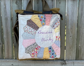 Vintage Dresden Friendship Quilt  - Americana Vintage Seed Feed Sack Book Tote W- OOAK Canvas & Leather Tote... Selina Vaughan Studios