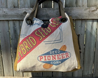 Pioneer Seed Corn Iowa  - original vintage seed sack- Open Tote - Canvas & Leather Tote Selina Vaughan Studios