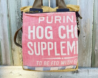 Purina Hog Chow Supplement  - Americana Vintage Seed Feed Sack Book Tote - OOAK Canvas & Leather Tote... Selina Vaughan Studios