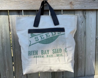 SALE Green Bay Seeds - Large Tote/Crossbody/Backpack- Americana Vintage Seed Feed Sack  - OOAK Canvas & Leather Bag... Selina Vaughan-