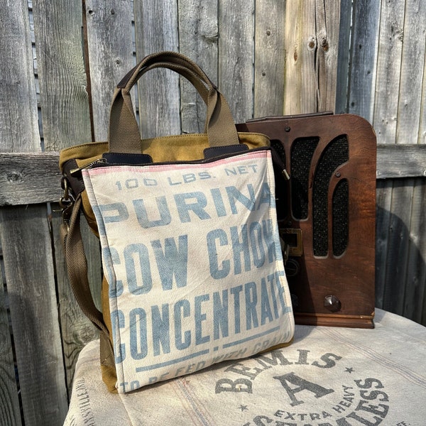 Purina Cow Chow Concentrate - Americana Vintage  Book Tote W- OOAK Canvas & Leather Tote... Selina Vaughan Studios