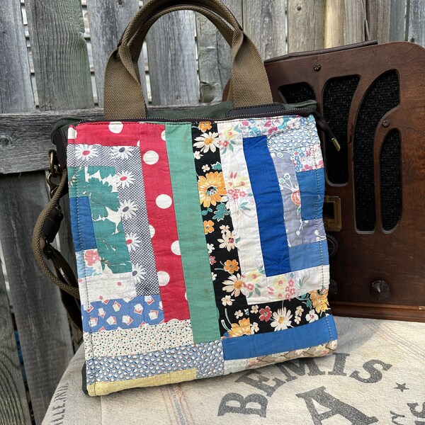 Vintage Quilt - Americana Vintage  Book Tote W- OOAK Canvas & Leather Tote... Selina Vaughan Studios