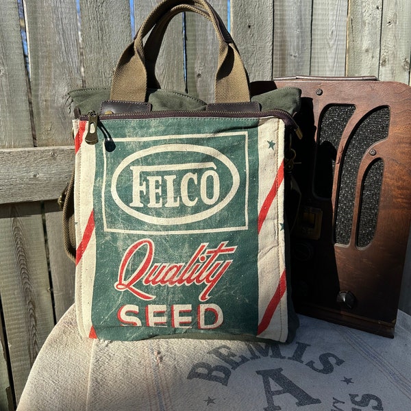 Clean! FELCO Quality Seed - Americana Vintage Seed Feed Sack Book Tote - OOAK Canvas & Leather Tote... Selina Vaughan Studios