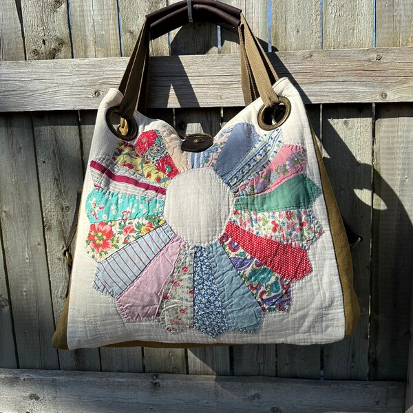 CLEAN! Vintage Quilt Open Tote - Americana OOAK Canvas & Leather Tote W... Selina Vaughan Studios