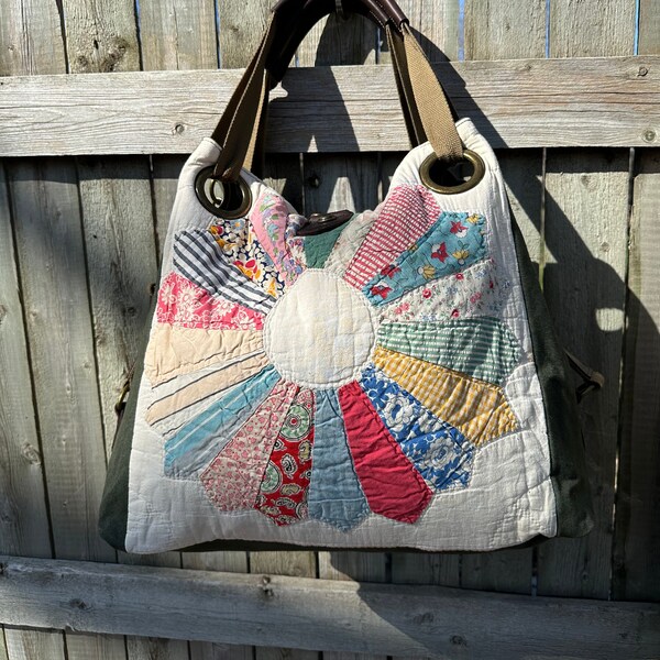 CLEAN! Vintage Quilt Open Tote - Americana OOAK Canvas & Leather Tote W... Selina Vaughan Studios