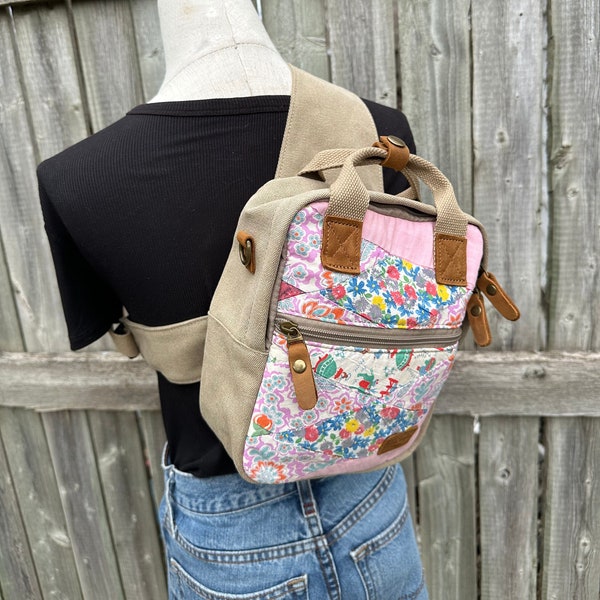 Vintage Quilt - Mini Backpack/Shoulder Bag/Mini Tote - Vintage Seed Sack Canvas & Leather Bag Selina Vaughan Studios