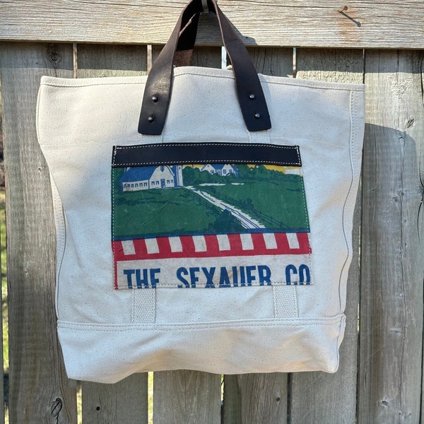 SALE The Sexauer Co - SD- Large Tote/Crossbody/Backpack- Americana Vintage Seed Feed Sack  - OOAK Canvas & Leather Bag... Selina Vaughan-