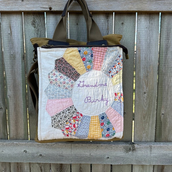 Vintage Dresden Friendship Quilt  - Americana Vintage Seed Feed Sack Book Tote W- OOAK Canvas & Leather Tote... Selina Vaughan Studios