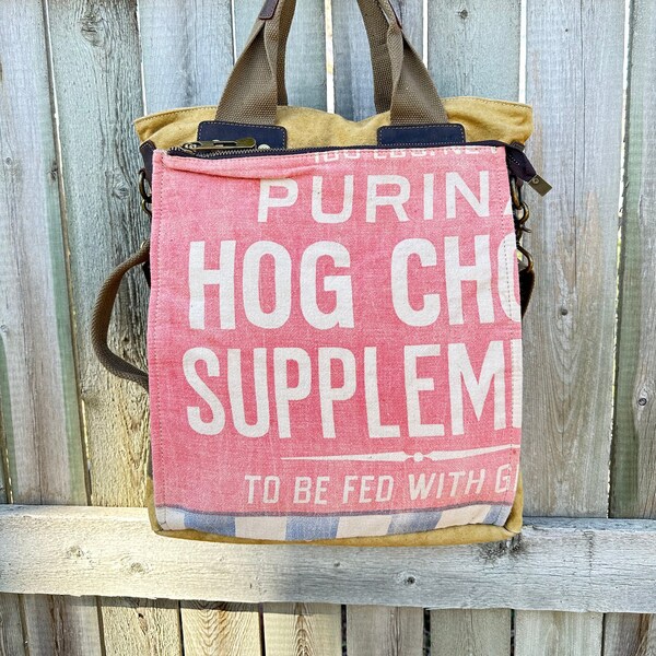 Purina Hog Chow Supplement  - Americana Vintage Seed Feed Sack Book Tote - OOAK Canvas & Leather Tote... Selina Vaughan Studios