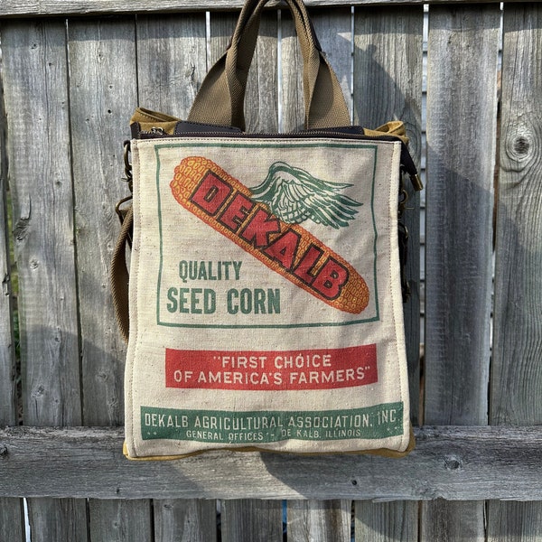 Dekalb Hybrid Seed Corn Illinois - Americana Vintage  Book Tote W- OOAK Canvas & Leather Tote... Selina Vaughan Studios