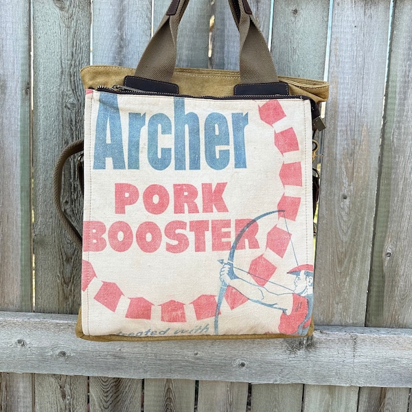 Archer Pork Booster - Americana Vintage Seed Feed Sack Book Tote - OOAK Canvas & Leather Tote... Selina Vaughan Studios