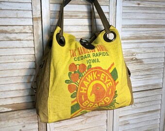 Hawkeye Brand Alfalfa Seeds - Iowa - Open Tote - Americana OOAK Canvas & Leather Tote W... Selina Vaughan Studios
