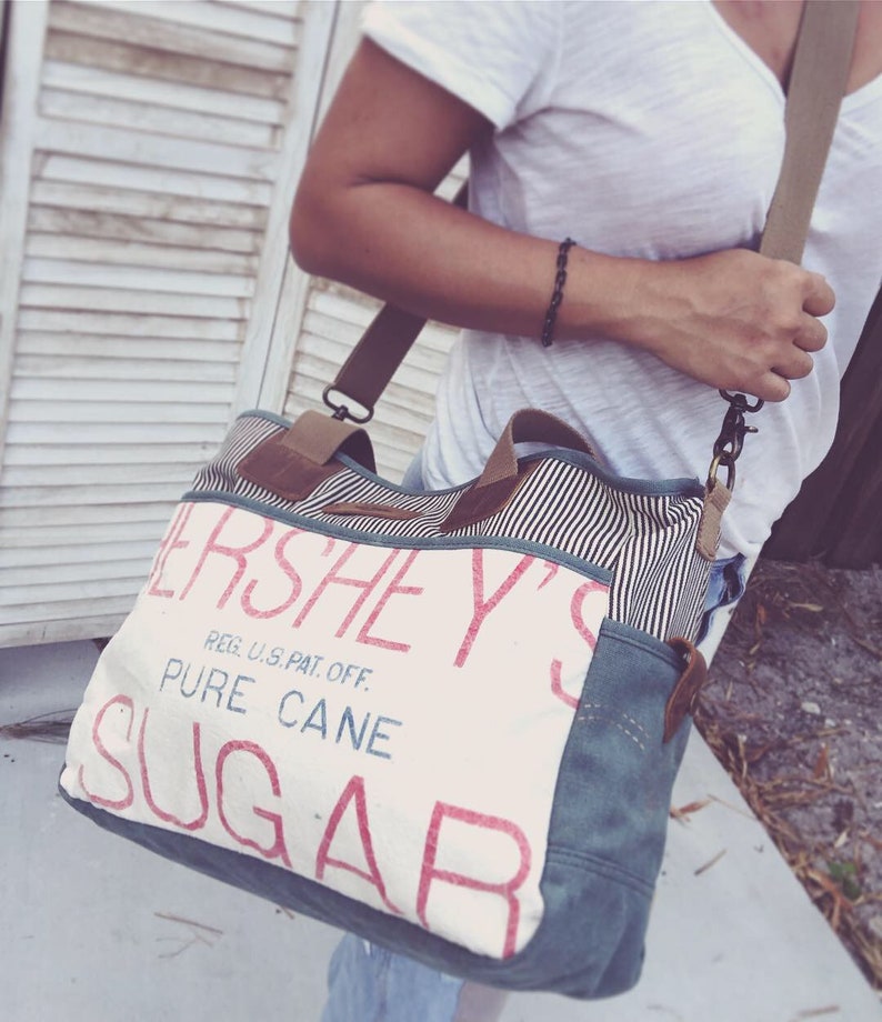 Open Tote Selina Vaughan Hershey/'s Sugar Seed Sack Tote Americana Vintage Original Seed Sack Upcycle Canvas /& Leather Tote..