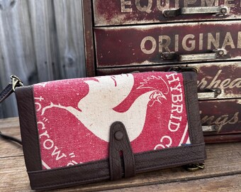 Crows Seed Corn Illinois - Leather wallet crossbody wristlet organizer with original vintage seed sack - Selina Vaughan Studios