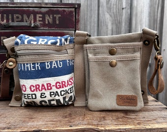 Hogemeyer Grass Seeds - Convertible Belt/Waist Vintage seed sack bag- Americana Canvas & Leather - Selina Vaughan Studios