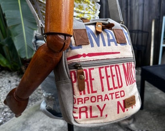 Empire Feed Mills New York  - Mini Backpack/Shoulder Bag/Mini Tote - Vintage Seed Sack Canvas & Leather Bag Selina Vaughan Studios