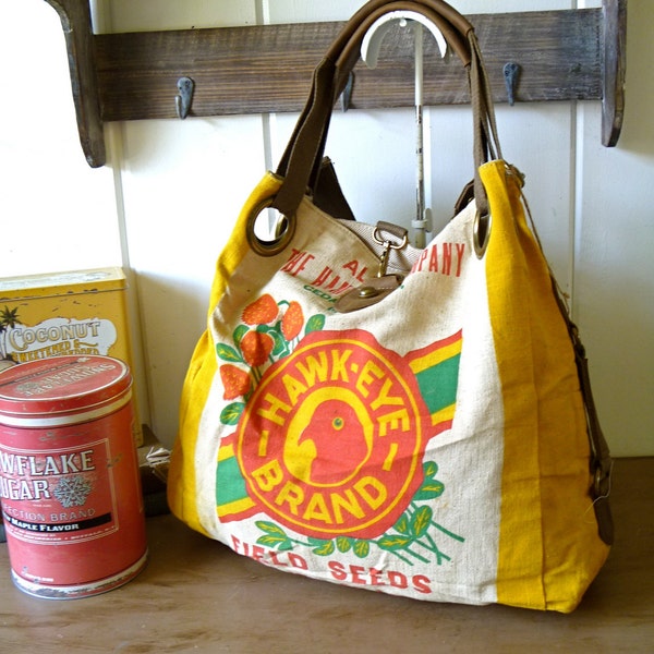 Hawk-eye Brand, Cedar Rapids, Iowa-Vintage Feed Sack Open Tote -Americana OOAK Canvas & Leather Tote