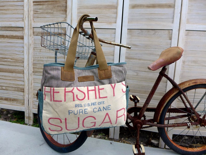 Open Tote Selina Vaughan Hershey/'s Sugar Seed Sack Tote Americana Vintage Original Seed Sack Upcycle Canvas /& Leather Tote..