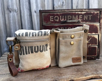 Munson Seeds and vintage Quilt - Convertible Belt/Waist Vintage seed sack bag- Americana Canvas & Leather - Selina Vaughan Studios