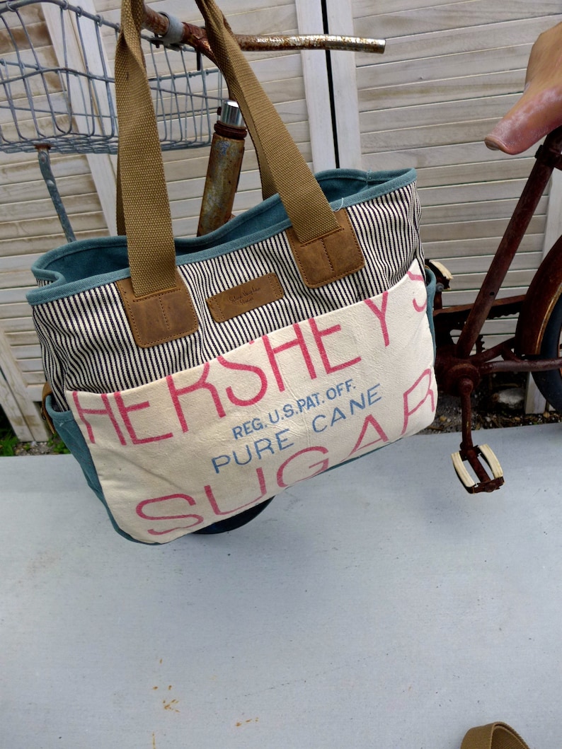 Open Tote Selina Vaughan Hershey/'s Sugar Seed Sack Tote Americana Vintage Original Seed Sack Upcycle Canvas /& Leather Tote..