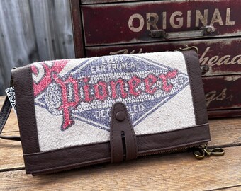 Pioneer Seed Corn Iowa - Leather wallet crossbody wristlet organizer with original vintage seed sack - Selina Vaughan Studios