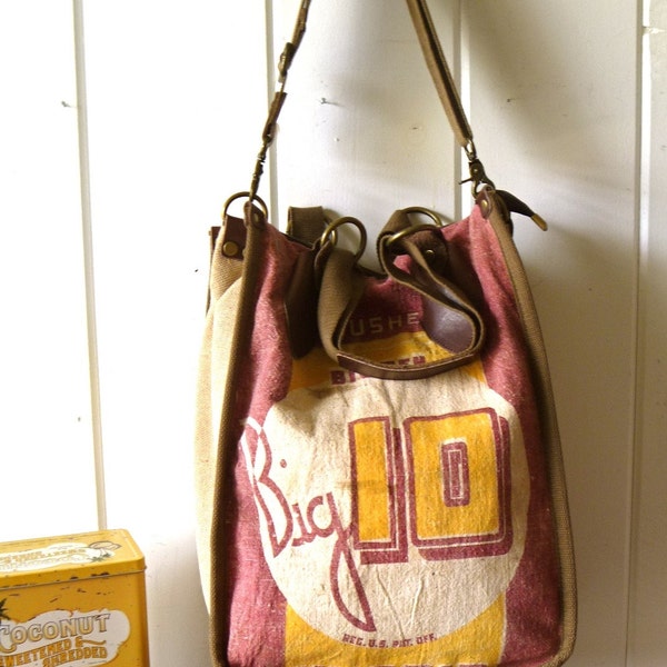 Big 10 seeds - Vintage Seed Sack Shopper Tote - Americana OOAK Canvas & Leather Tote