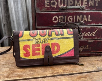 Gro -coated Seeds Illinois - Leather wallet crossbody wristlet organizer with original vintage seed sack - Selina Vaughan Studios