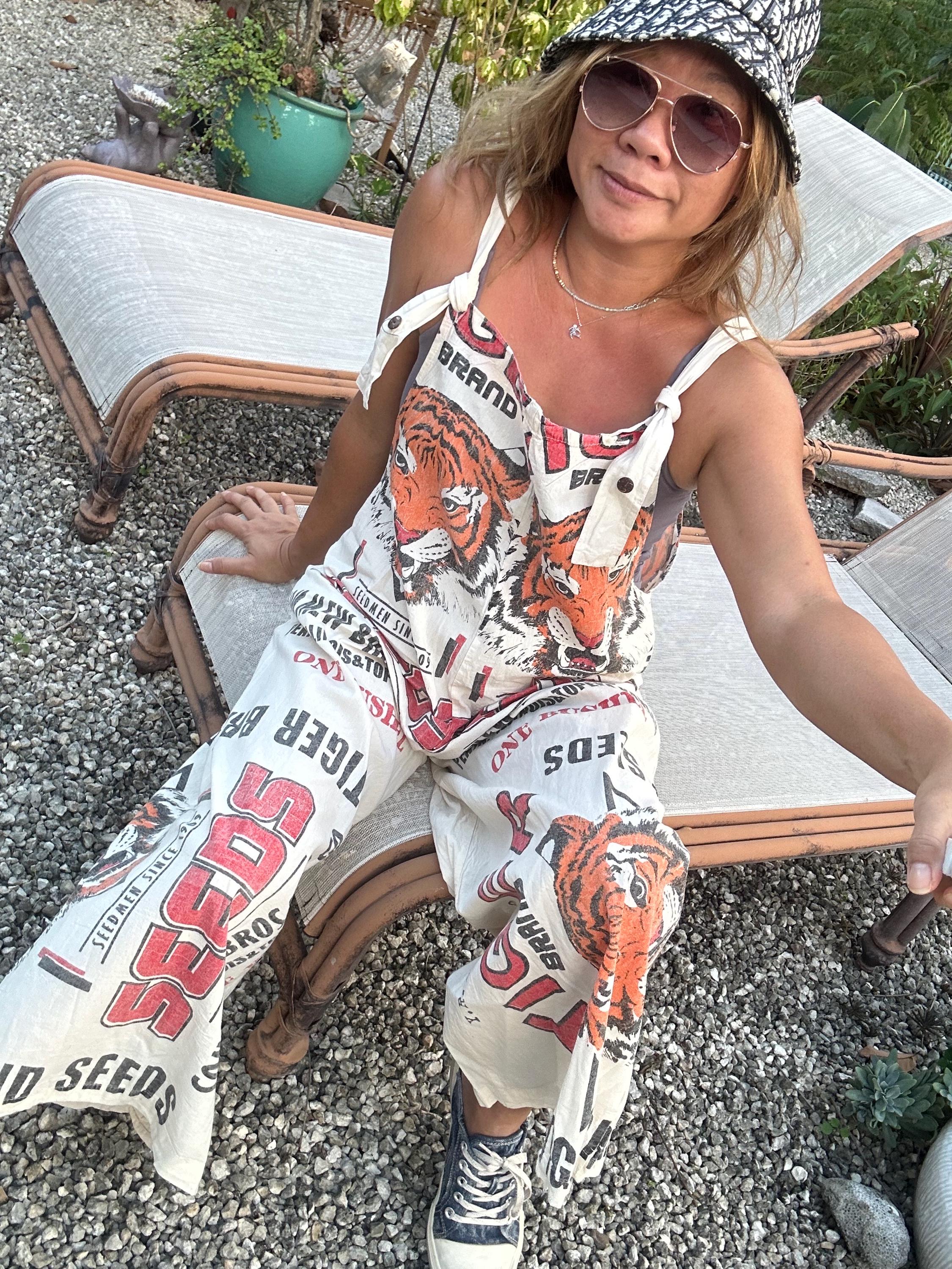 Cotton Overalls -tiger Seeds - Large Screen Print Loose Boho Cotton Overalls -tiger Seeds - Large Screen Print Loose Boho