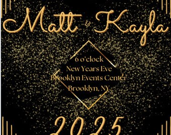 Puede incluir: Invitación de boda negra con diseño Art Déco dorado. La invitación dice "Únase a nosotros para la boda de Matt & Kayla" e incluye la fecha, hora y lugar: Brooklyn Events Center, Brooklyn, NY, 2025.