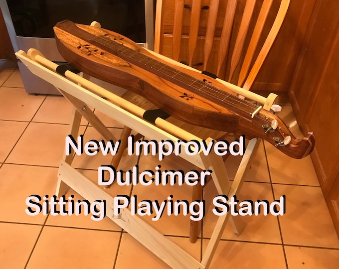 New Improved, Adjustable Sitting Mountain Dulcimer Playing Stand, with optional Antique finish. Includes iPad support.. Item# CHPS030