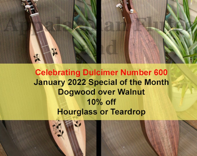 New Dogwood over Walnut 4-string HOURGLASS Mountain Dulcimer with accessory kit and Case. Optional Electric and Doubleback. Item# DW006