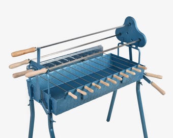 Barbacoa portátil de carbón grecochipriota, asador Foukou, altura ajustable con mecanismo de palanca de elevación, modelo B, azul