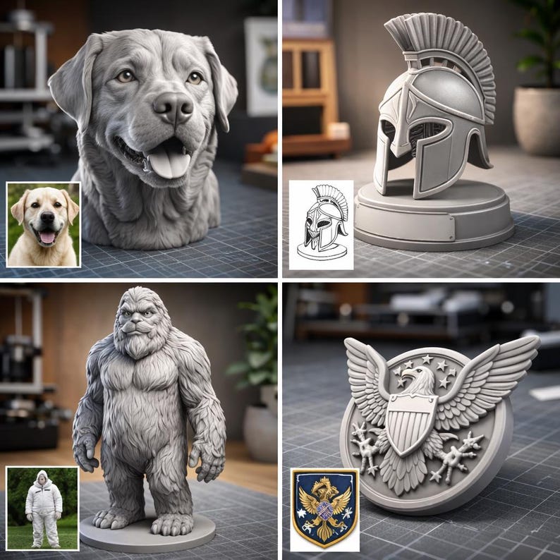 Pode incluir: Uma cole&ccedil;&atilde;o de quatro esculturas impressas em 3D, incluindo um busto detalhado de um c&atilde;o Labrador, um capacete espartano cl&aacute;ssico numa base circular, uma figura de criatura peluda e um emblema circular com uma &aacute;guia de asas abertas.