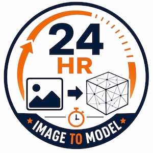 May include: A circular graphic featuring the text 24 HR in bold orange letters. An orange arrow curves around the top. Below, a square icon with a mountain and sun symbol points to a 3D wireframe cube. A small stopwatch icon and the text IMAGE TO MODEL.