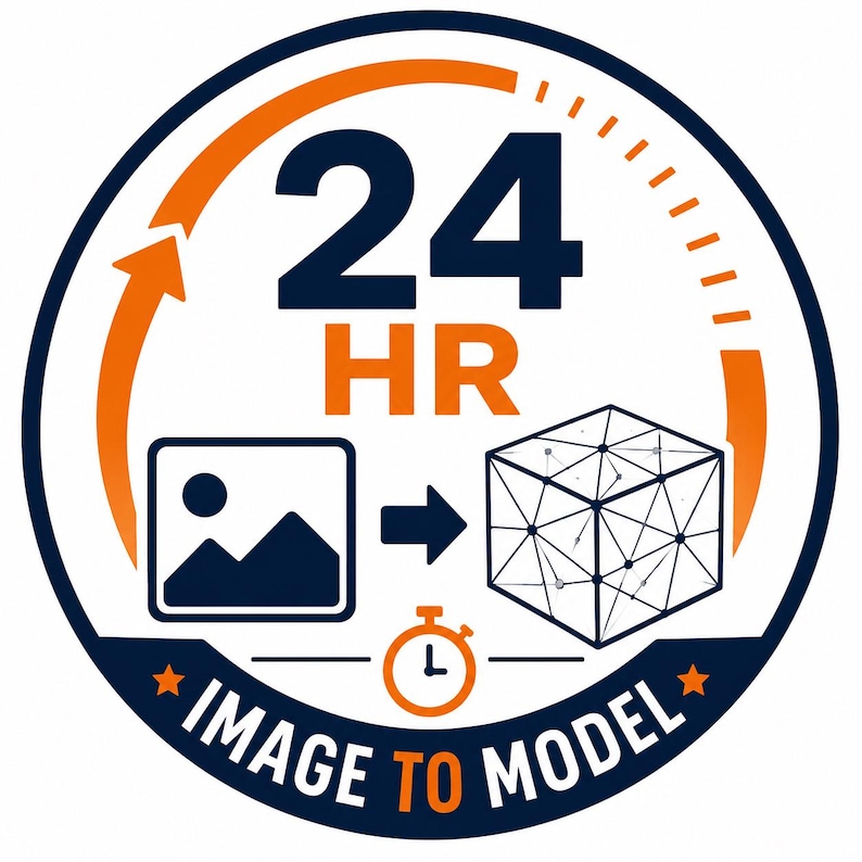 Pode incluir: Um gr&aacute;fico circular com o texto 24 HR em letras laranja em negrito. Uma seta laranja curva-se no topo. Abaixo, um &iacute;cone quadrado com um s&iacute;mbolo de montanha e sol aponta para um cubo de estrutura 3D. &Iacute;cone de cron&ocirc;metro e IMAGE TO MODEL.