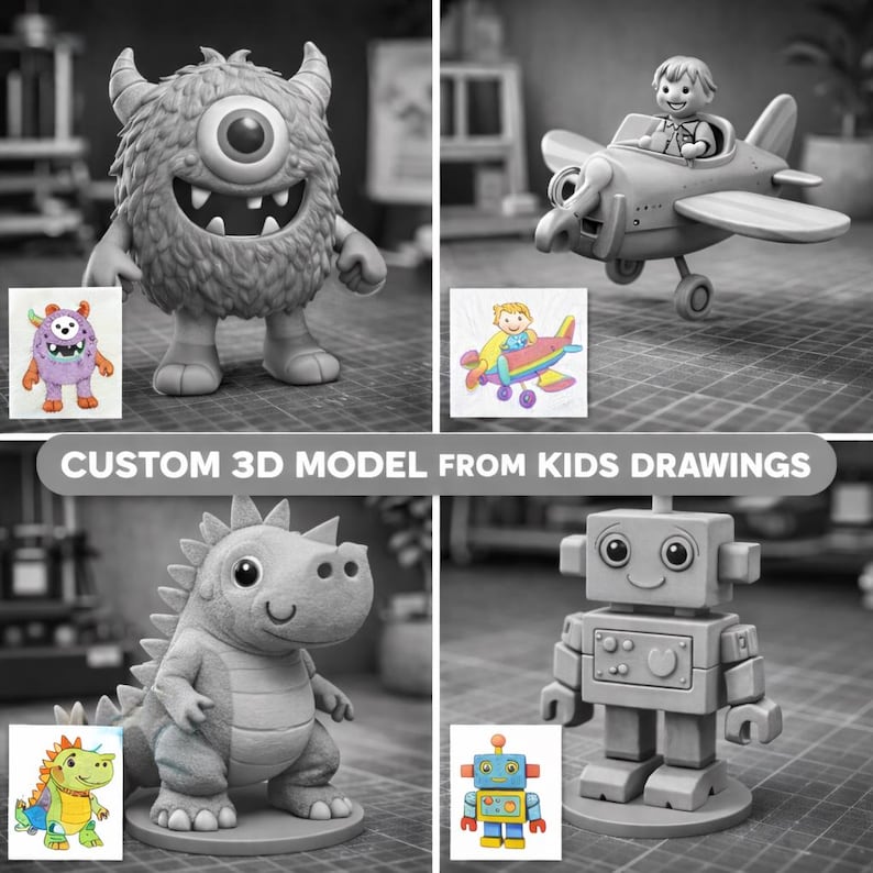 Pode incluir: Uma colagem de quatro modelos 3D personalizados baseados em desenhos infantis, apresentando um monstro peludo de um olho s&oacute;, um piloto num pequeno avi&atilde;o, um dinossauro espinhoso e um rob&ocirc; quadrado. O texto CUSTOM 3D MODEL FROM KIDS DRAWINGS est&aacute; centrado.