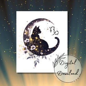 Steenbok gepersonaliseerde dierenriem kat digitale kunst – Steenbok-sublimatieontwerp voor mokken, T-shirts Steenbok-astrologie afdrukbare PNG JPG PDF