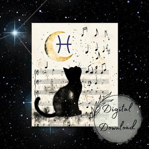 Diseño imprimible del Gato Piscis / Regalo astrológico de ensueño y artístico / 19 de febrero - 20 de marzo / Amante de la música, intuitivo y creativo