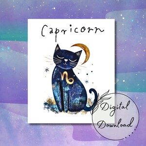 Capricorn Personalized Zodiac Cat Digital Art – Capricorn Sublimation Design for Mugs, T-Shirts Capricorn Astrology Printable PNG JPG PDF