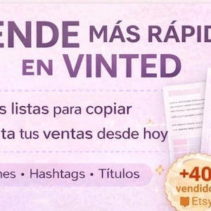 Puede incluir: Imagen promocional en español para VINTED. Texto: "VENDE MÁS RÁPIDO EN VINTED" (Vende más rápido en VINTED). Incluye texto sobre plantillas, aumentar las ventas, descripciones, hashtags y títulos. Con un símbolo de hashtag.