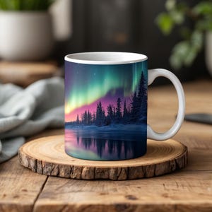 Nordlichter Tasse, Aurora Borealis Kaffeetasse, Berg Reflection Tasse, Natur Geschenk für sie, Sternenhimmel Winterwald Tasse