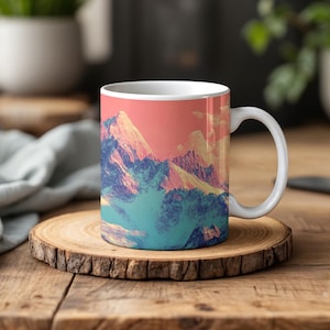 Retro Snowy Mountain Coffee Mug: Pink Sunrise Ceramic Drinkware