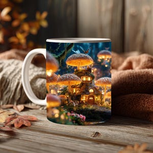 Mushroom Village Mug, Glowing Fairy Cottagecore Cup, Cozy Fantasy Wrap Mug, Mushroomcore Night Scene Gift, Forest Magic Coffee Mug